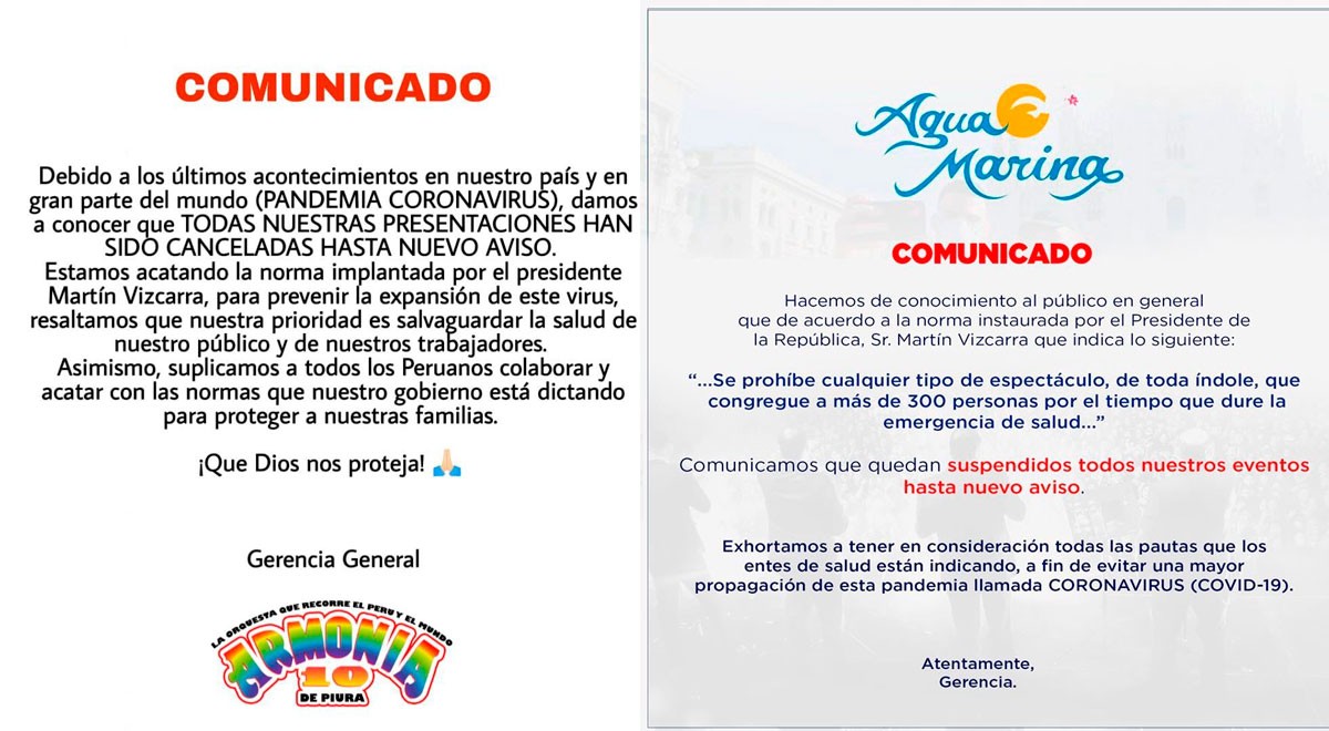 Comunicados de Armonía 10 y Agua Marina tras medidas tomadas por el gobierno de Martín Vizcarra.   