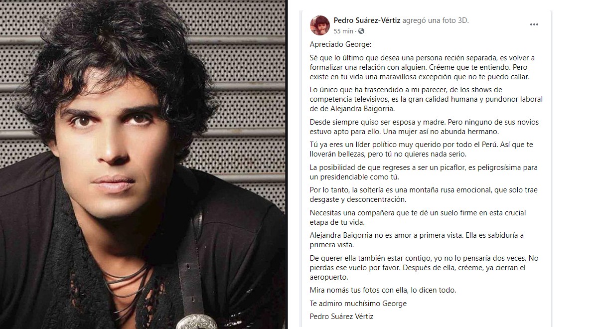 Pedro Suárez Vértiz en Facebook, elogia las virtudes de la empresaria Alejandra Baigorria y advierte al alcalde que "Necesita una compañera".   