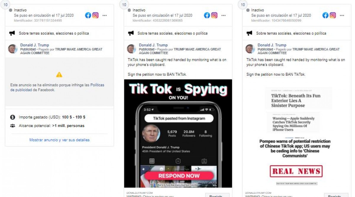 <em> Anuncios de Facebook del equipo de campaña política de Donald Trump.</em>