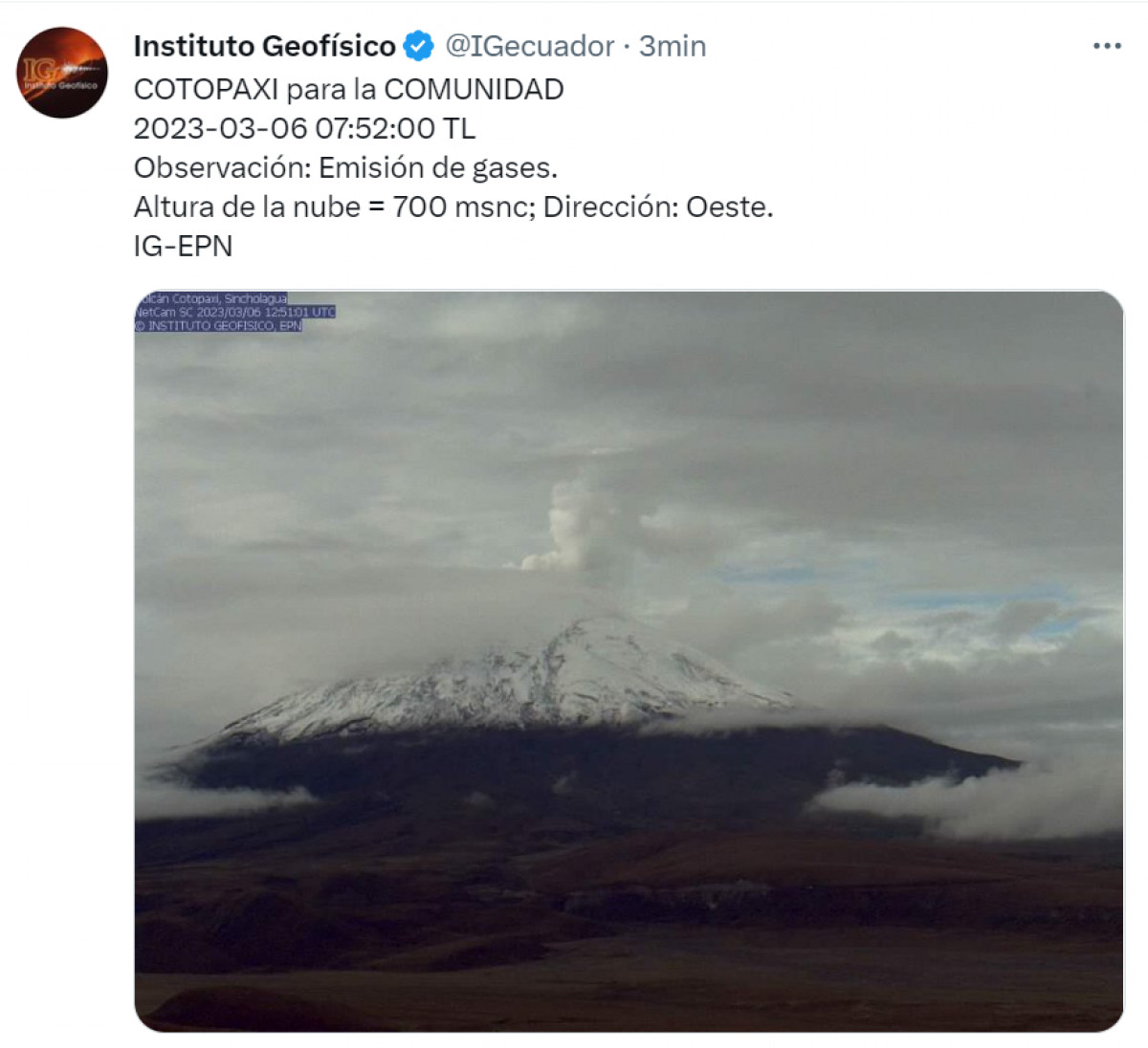 como está el volcán Cotopaxi hoy