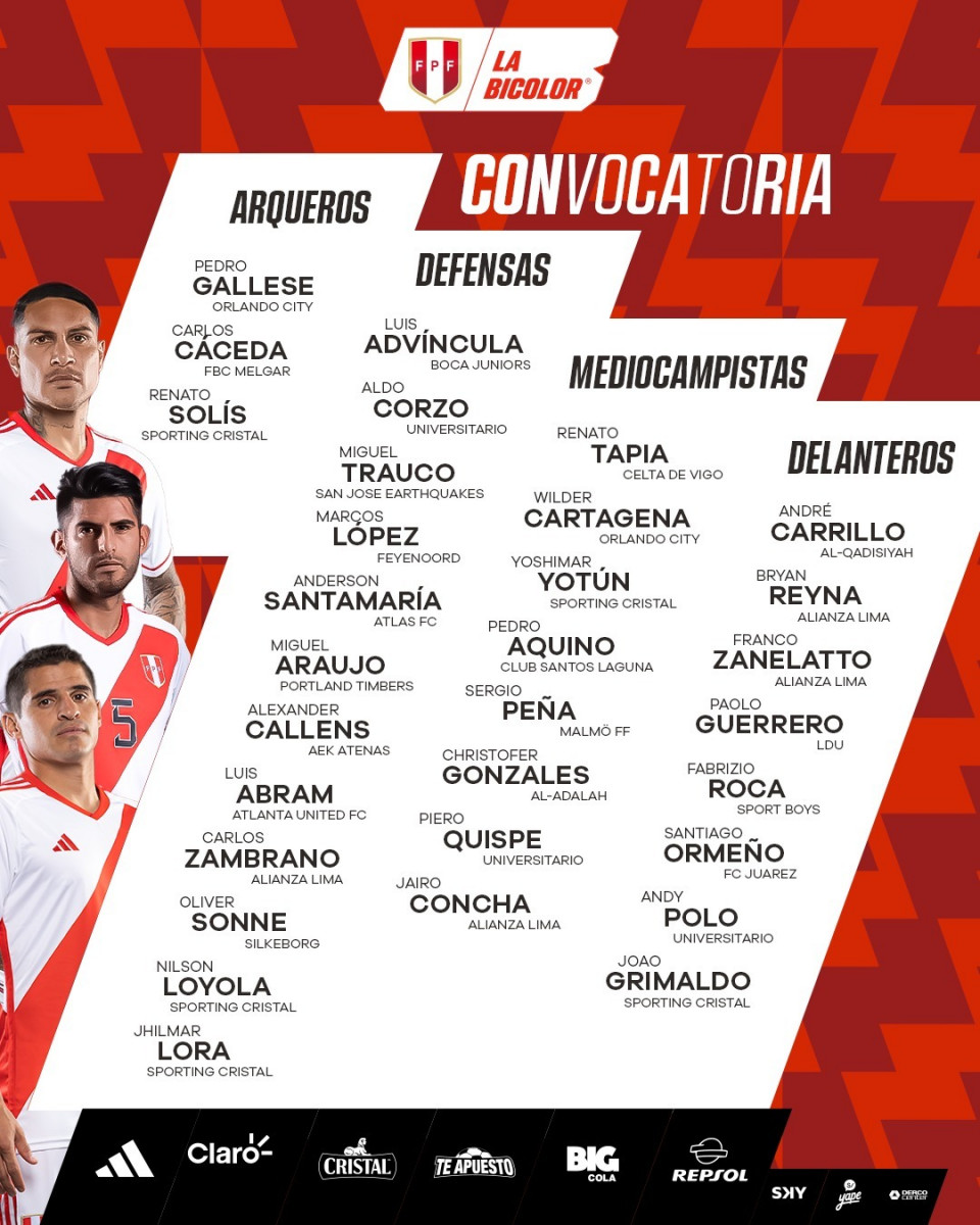 Convocados de Perú para enfrentar a Chile