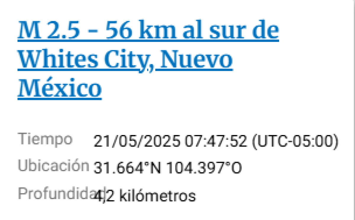 Sismo de magnitud 2.5, a 56 km al sur de Whites City, Nuevo México