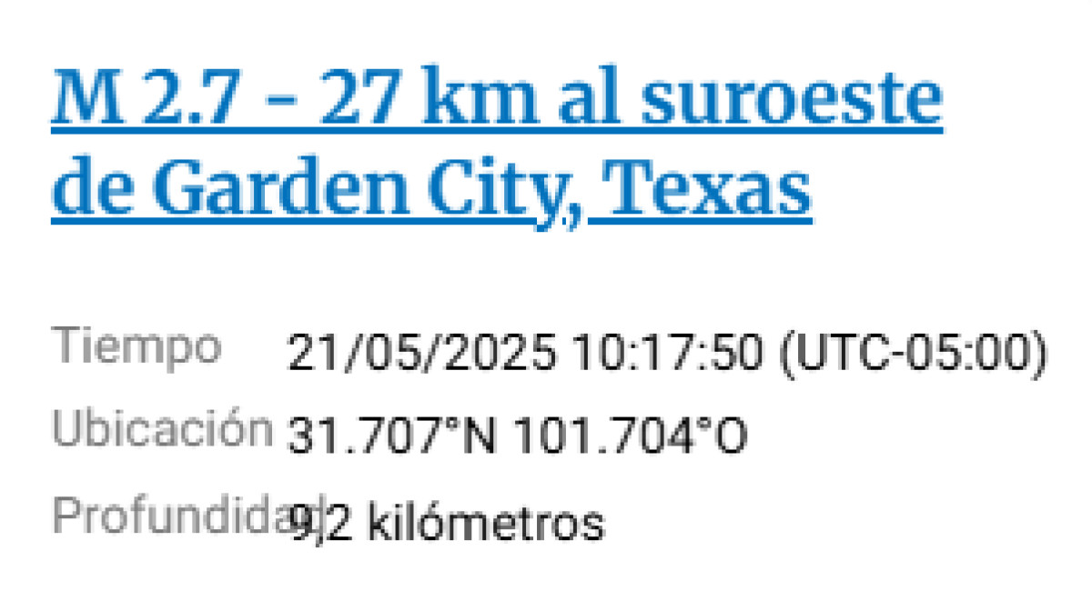 Sismo de 2.7 a 27 km al suroeste de Garden City, Texas.