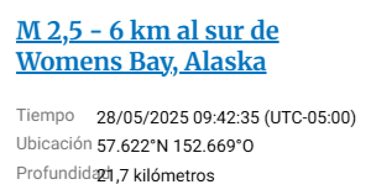 Sismo de 2.5 a 6 km al sur de Womens Bay, en Alaska.