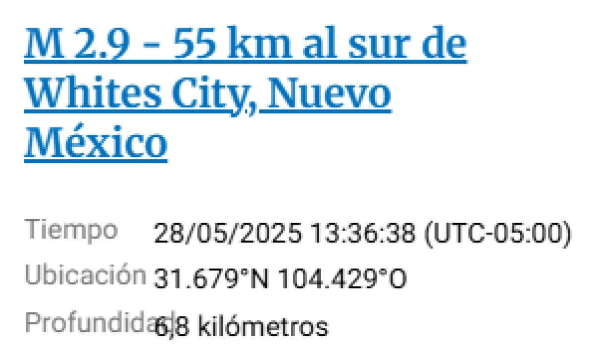 Sismo de 2.9 a 55 km al sur de Whites City, en Nuevo México.