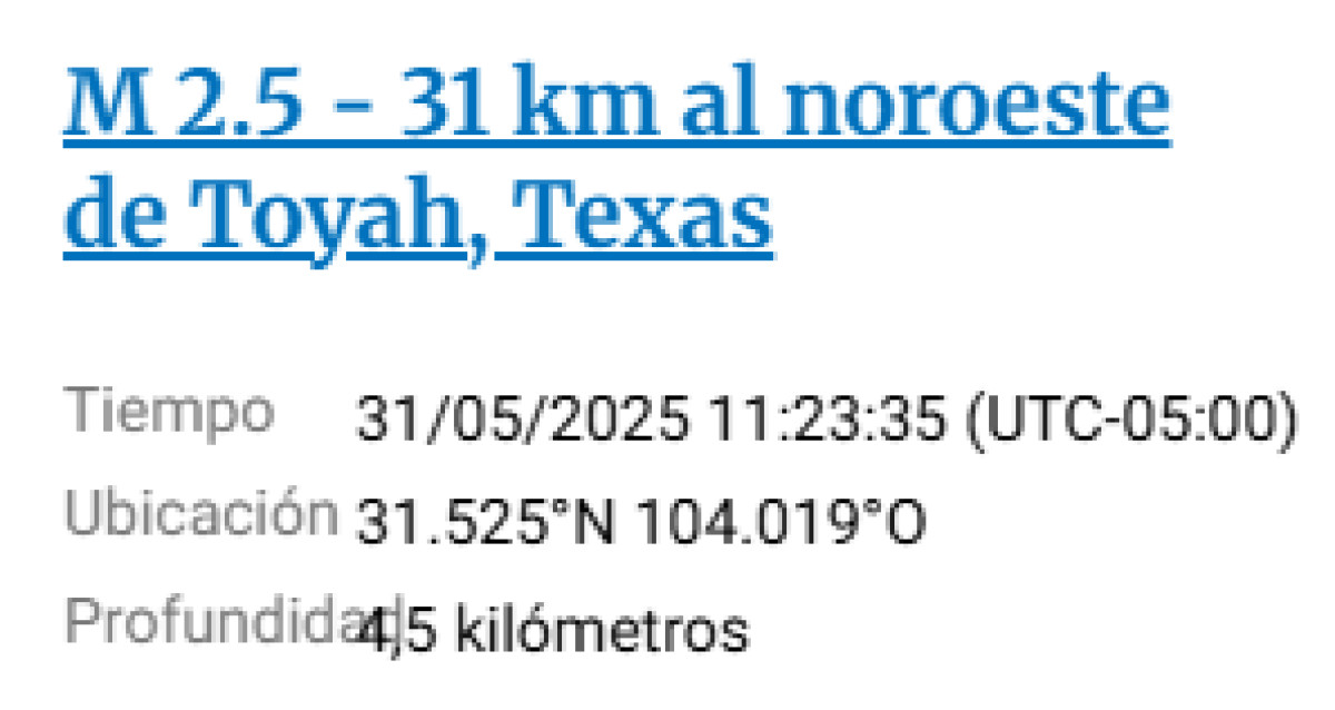 Sismo de 2.5 a 31 km al noroeste de Toyah, Texas