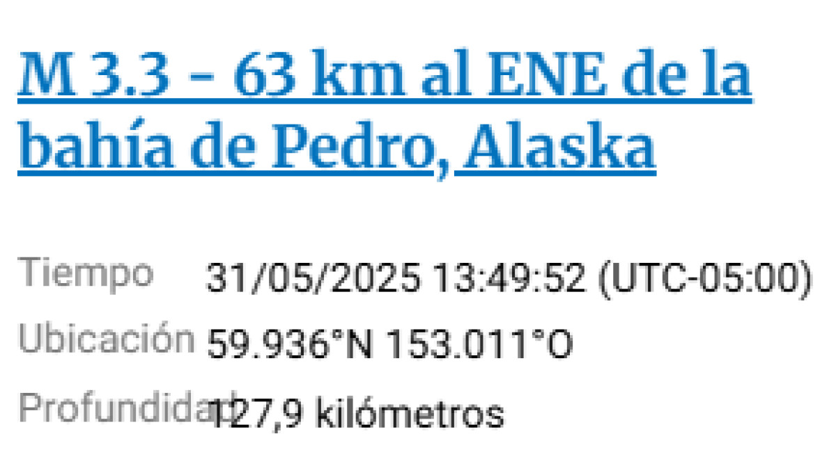 Sismo de 3.3 a 63 km de la bahía de Pedro, en Alaska