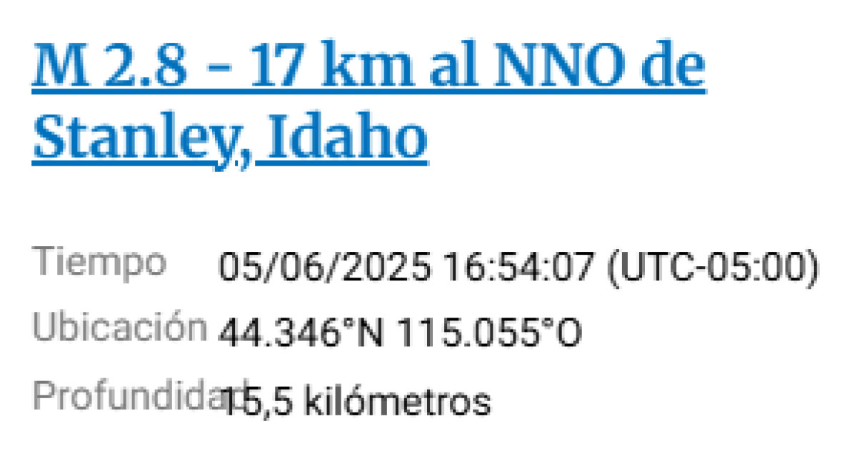 Sismo de 2.8 a 17 km a noreste de Stanley, Idaho.