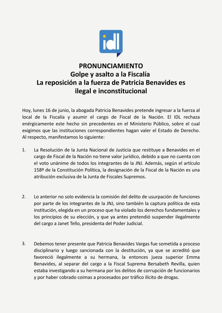 IDL rechaza intento de Patricia Benavides de ingresar a la fuerza al local de la Fiscalía