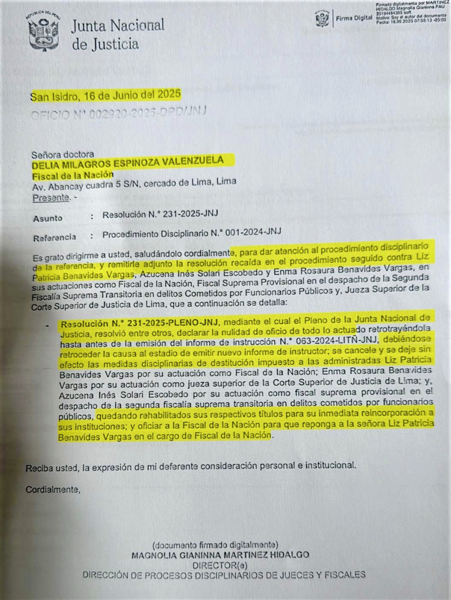 Benavides envió a Delia Espinoza un oficio para exigirle que deje de ejercer como fiscal de la Nación. Foto: JNJ.
