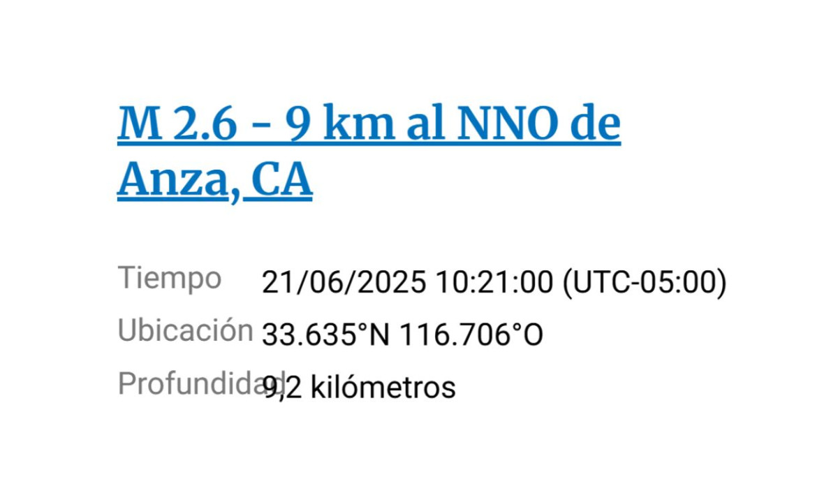 El Servicio Geológico de Estados Unidos (USGS) ha reportado un movimiento telúrico de 2.6 en Anza, California.