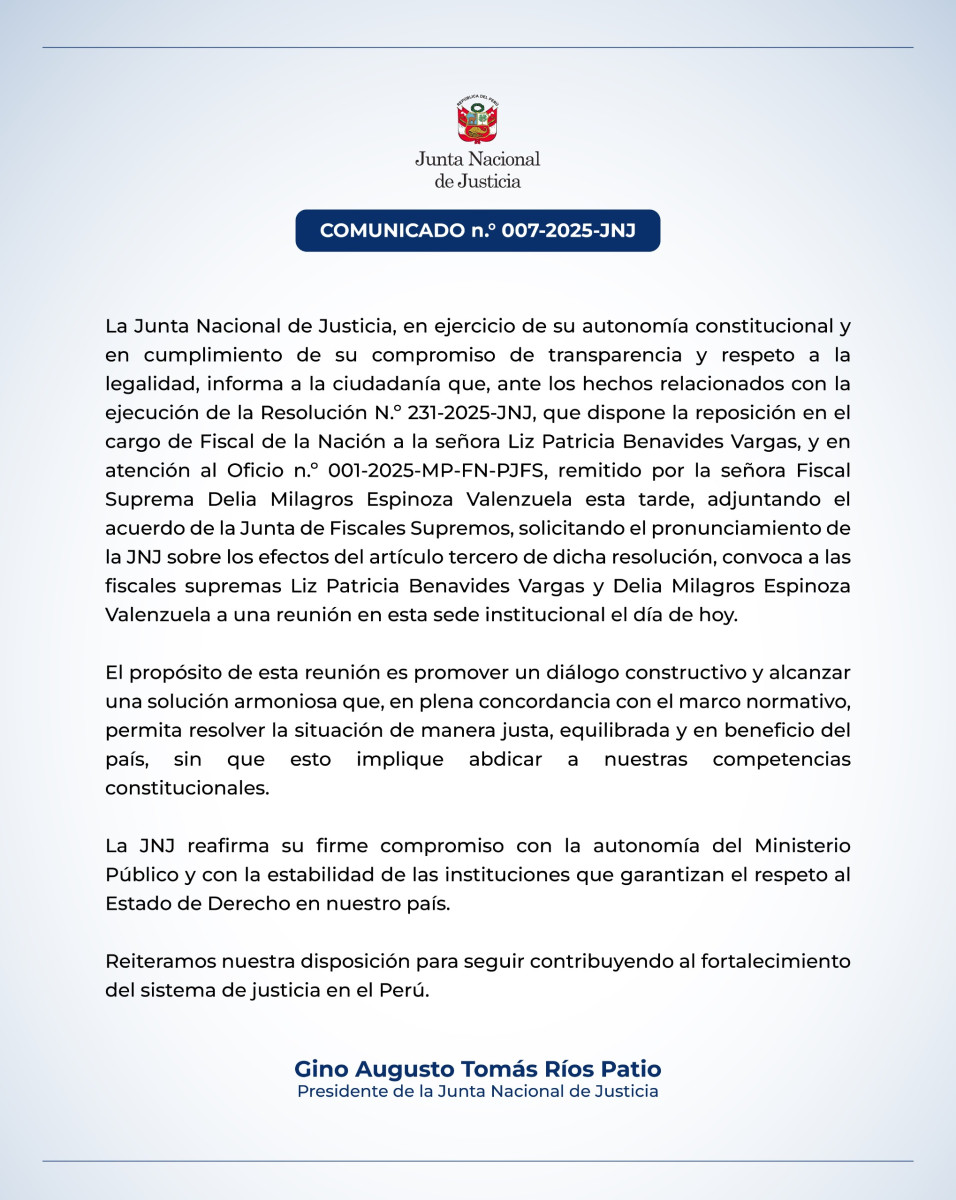 Comunicado de la JNJ. Foto: difusión