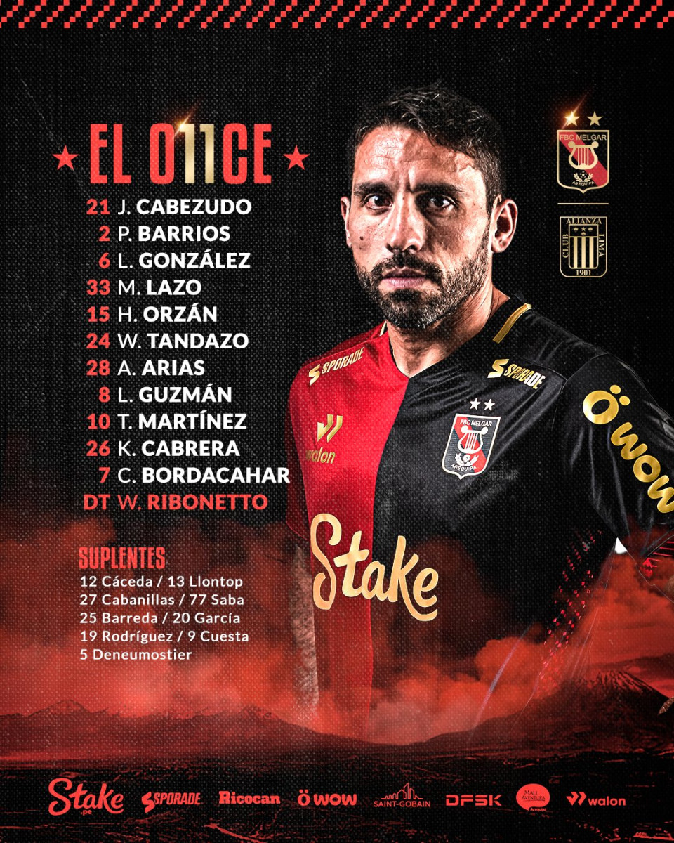 Alineación titular de Melgar ante Alianza Lima.
