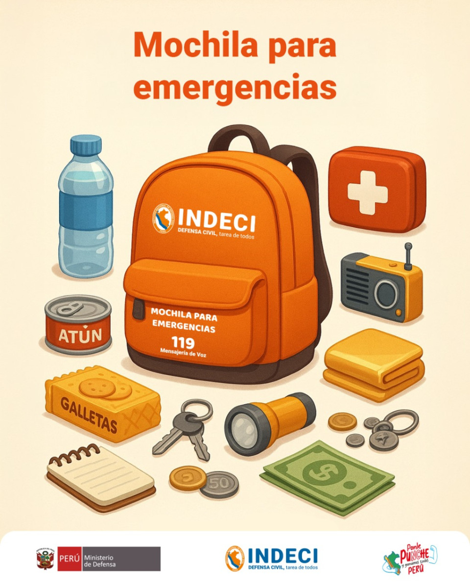 ¿Qué es lo que debe de tener la mochila de emergencias? Foto: Indeci.