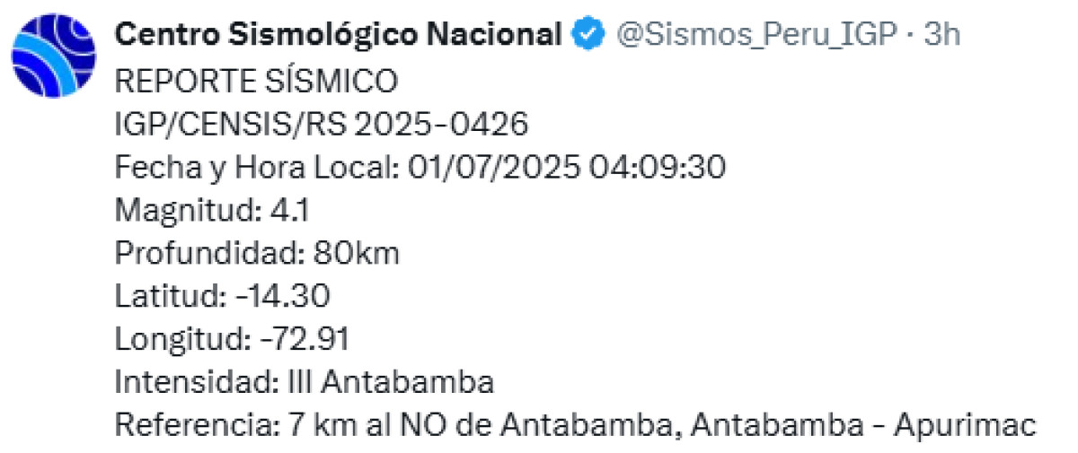 Sismo de 4,1 se registró en Apurímac hoy 1 de julio. Foto: X.