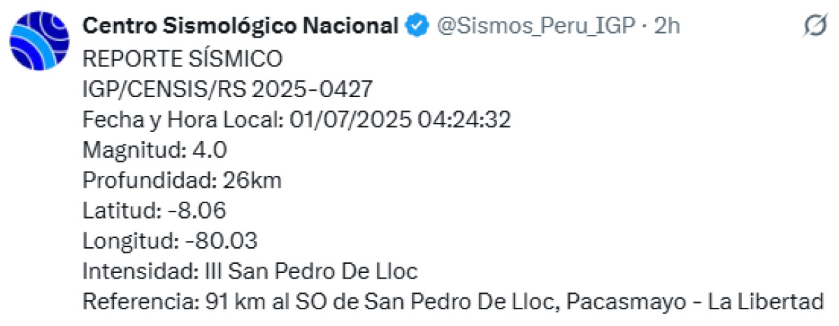 Sismo de magnitud 4 en La Libertad hoy 1 de julio. Foto: IGP vía X.