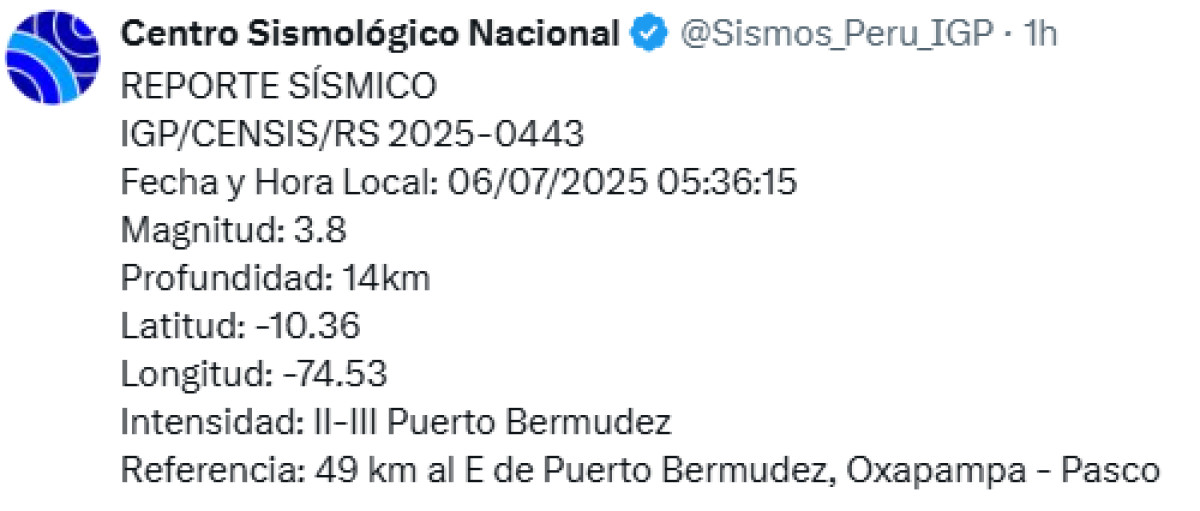 Sismo registrado hoy 6 de julio en Pasco. Foto: IGP.