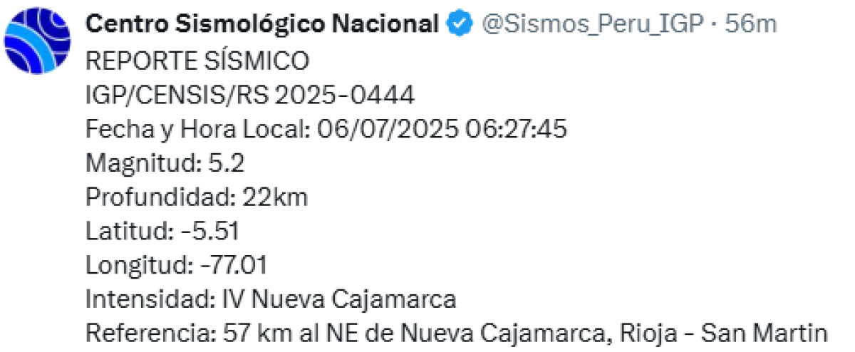 Sismo registrado hoy 6 de julio en San Martín. Foto: IGP. 