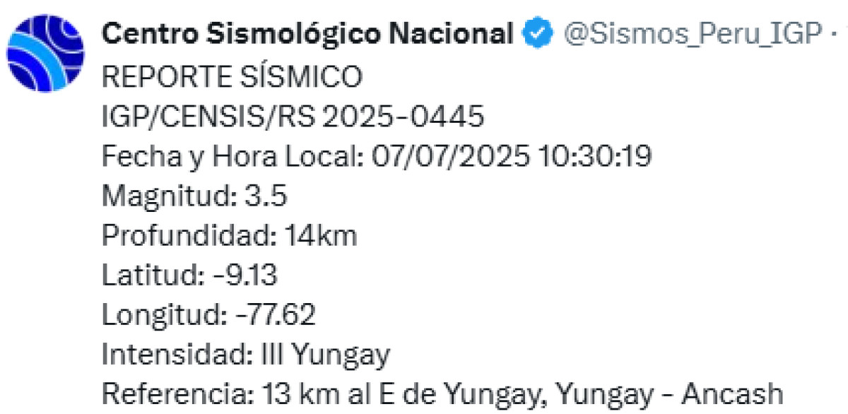 Sismo registrado hoy 7 de julio en Áncash. Foto: IGP. 