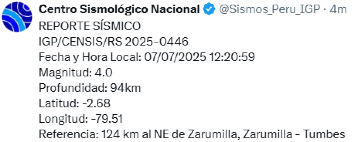 Sismo registrado hoy 7 de julio en Tumbes. Foto: IGP. 