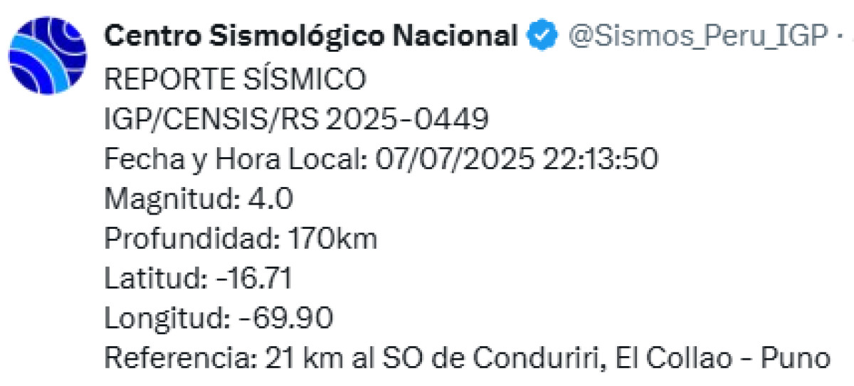 Sismo registrado 7 de julio en Puno. Foto: IGP. 