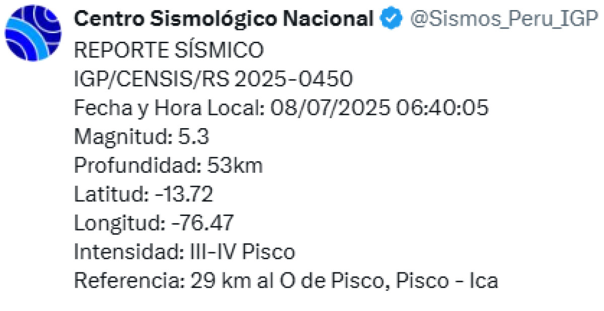 Sismo registrado hoy 8 de julio en Ica. Foto: IGP.