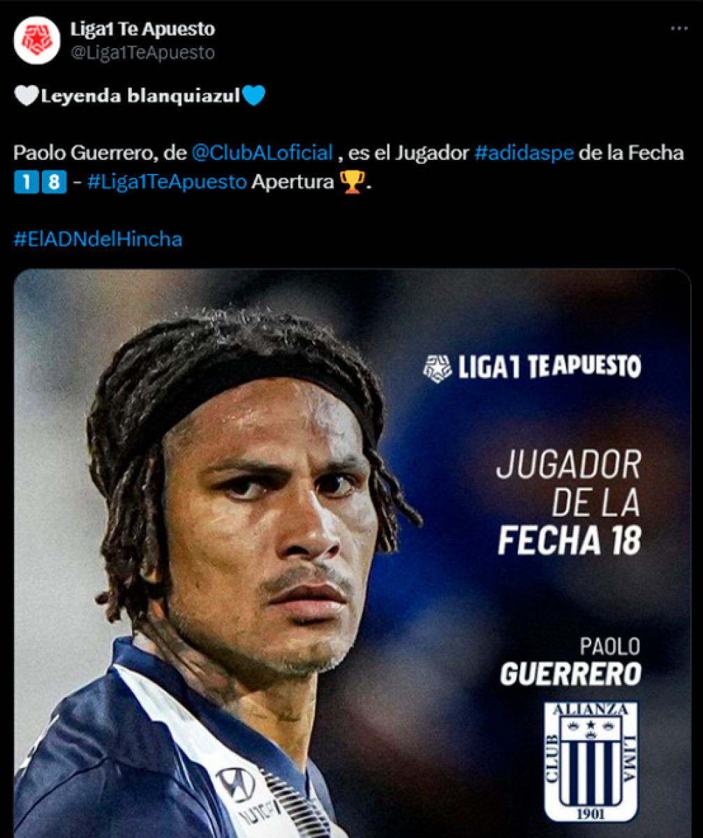 Paolo Guerrero fue elegido como el jugador de la fecha 18 del Torneo Apertura 2025.