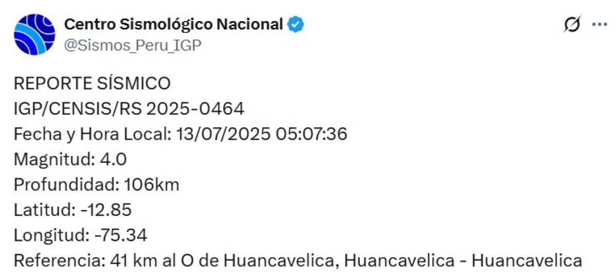 Sismo hoy en Huancavelica. Foto: IGP.