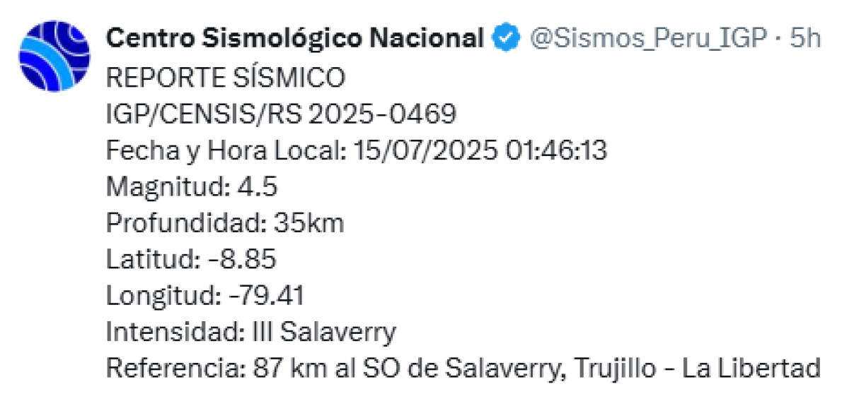 Sismo de 4,5 se reportó en Trujillo, La Libertad. Foto: IGP.