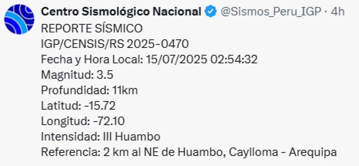 Sismo de 3,5 se registró hoy en Arequipa. Foto: IGP.