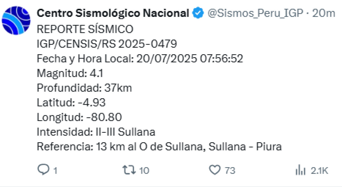 Sismo de 4,1 se registró hoy en Sullana, Piura. Foto: IGP. 
