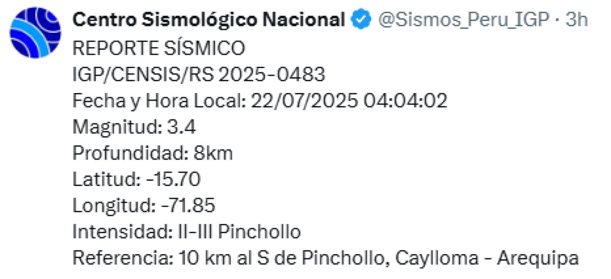 Sismo de 3,4 de magnitud se registró hoy en Arequipa. Foto: IGP.