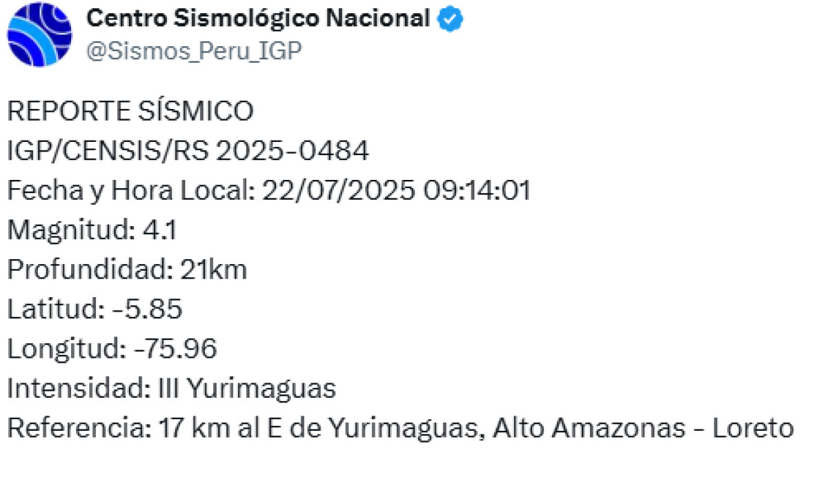 Sismo de 4,1 se registró hoy en Loreto. Foto: IGP.
