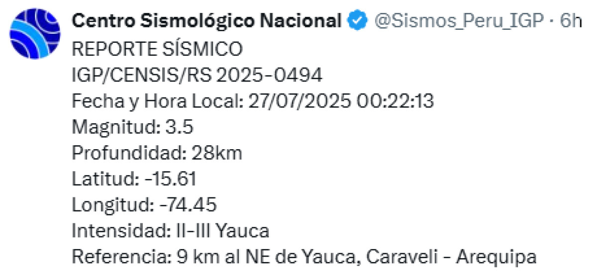 Sismo registrado hoy en Arequipa. Foto: IGP. 