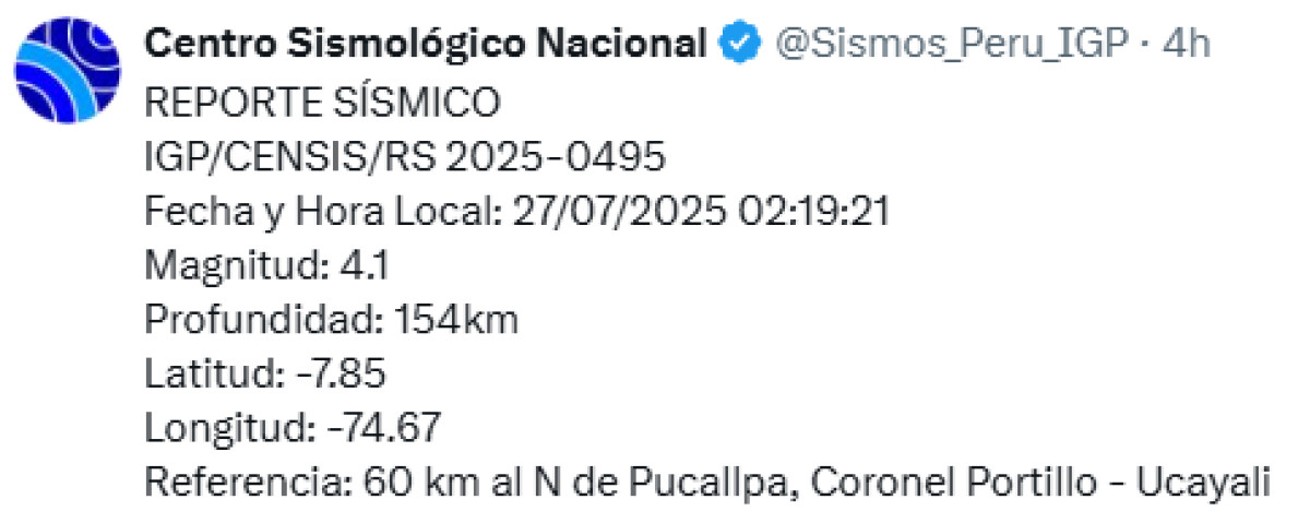 Sismo registrado hoy en Ucayali. Foto: IGP. 