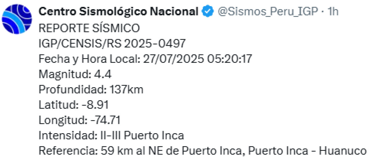 Sismo registrado hoy 27 de julio en Huánuco. Foto: IGP.