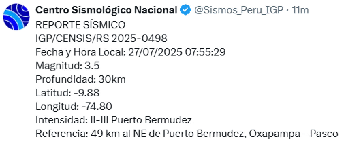 Sismo registrado hoy en Pasco.