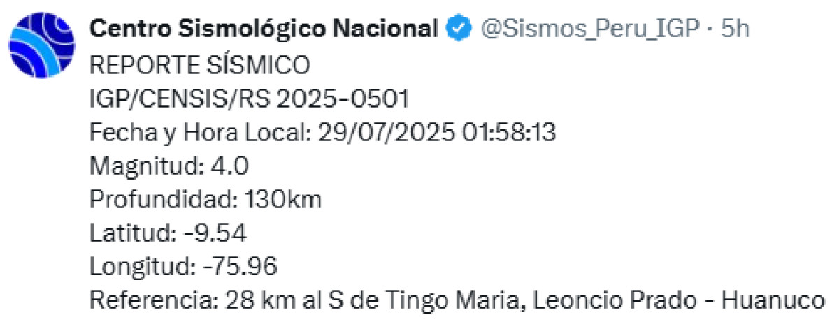 Último sismo registrado en Huánuco hoy. Foto: IGP.