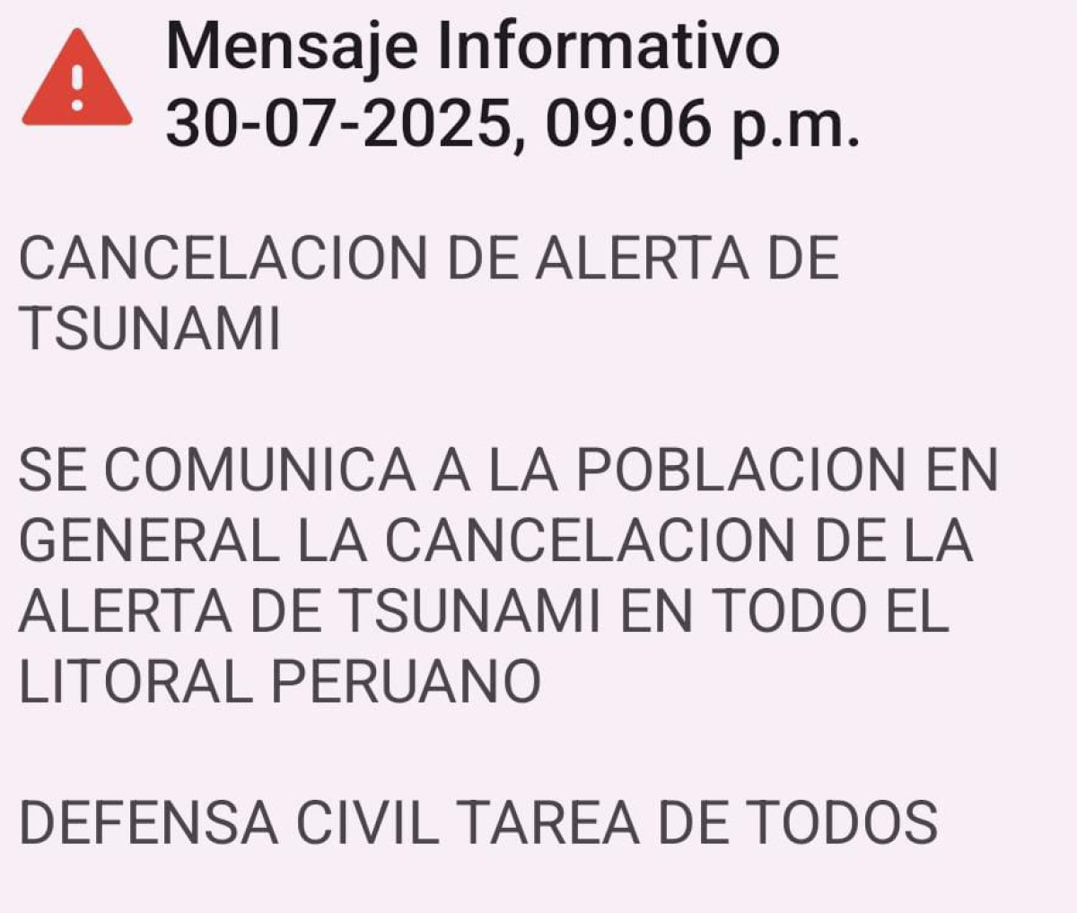Informan cancelación de alerta de tsunami. Foto: Defensa Civil. 