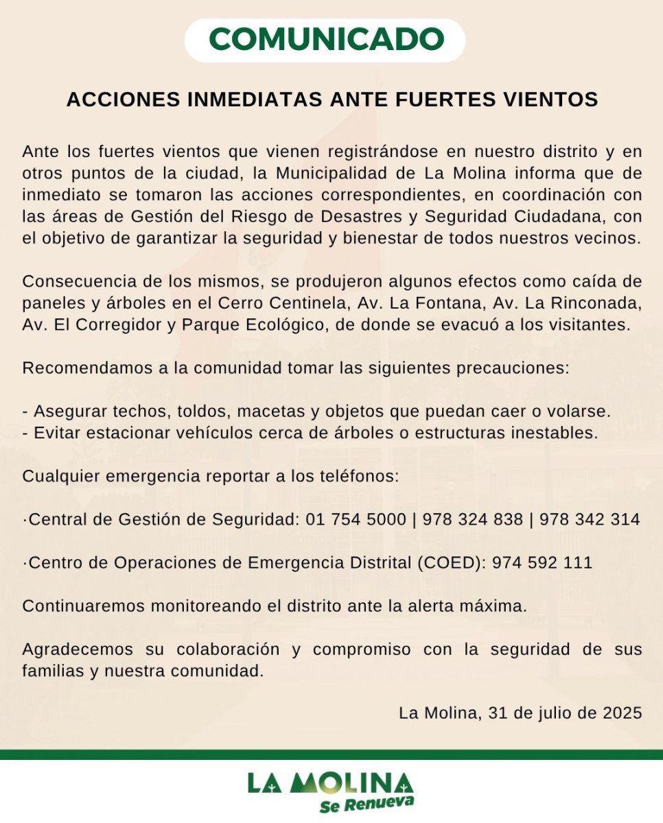 Comunicado de la municipalidad de La Molina.