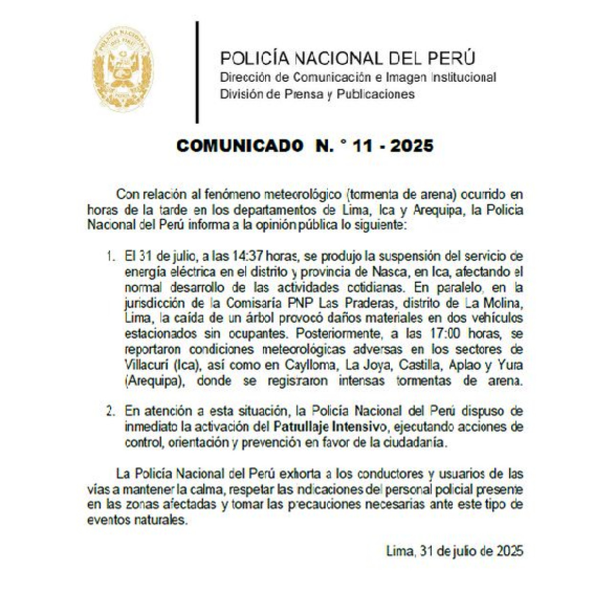Comunicado de la PNP.