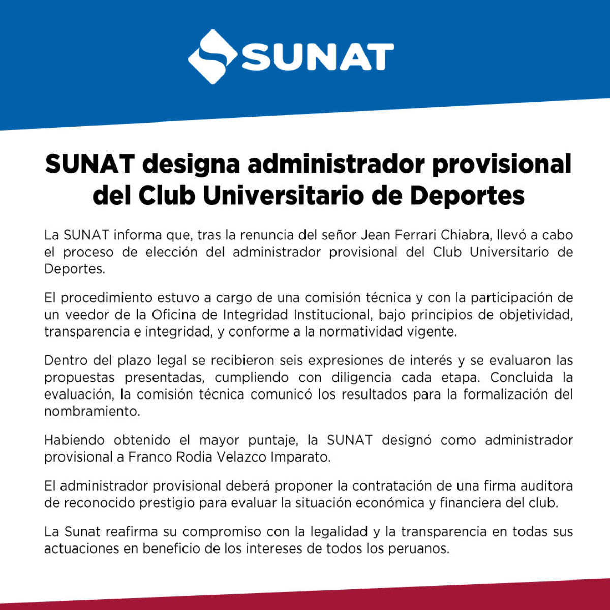 SUNAT confirmó a Franco Velazco como administrador provisional de Universitario.