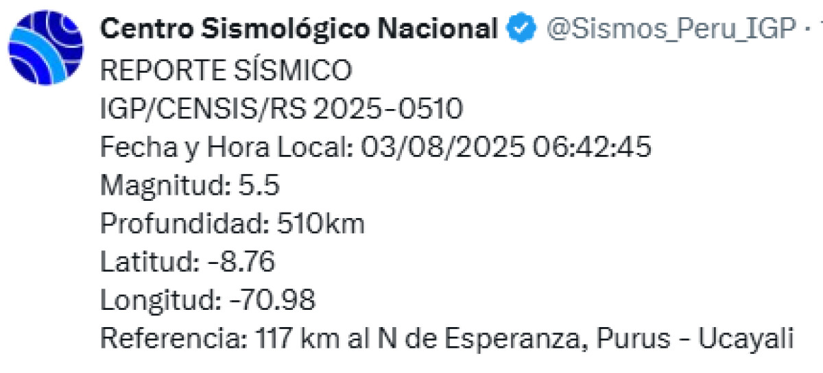 Sismo hoy en Ucayali. Foto: IGP. 