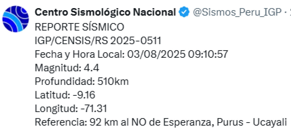 Sismo hoy en Ucayali.