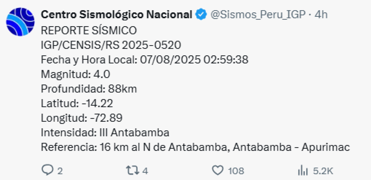 Sismo en Apurimac