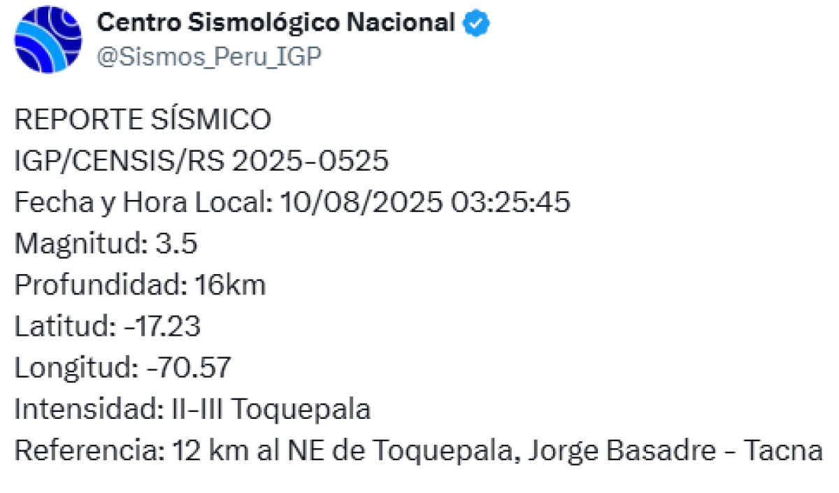Simo Tacna hoy. Foto: IGP.