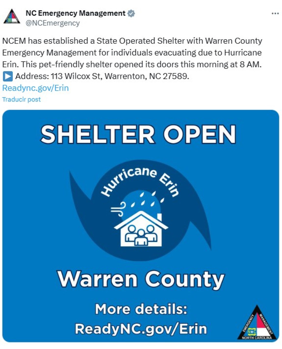El Departamento de Seguridad Pública de Carolina del Norte publicó un tweet donde confirma la apertura de un refugio por el paso del huracán Erin.