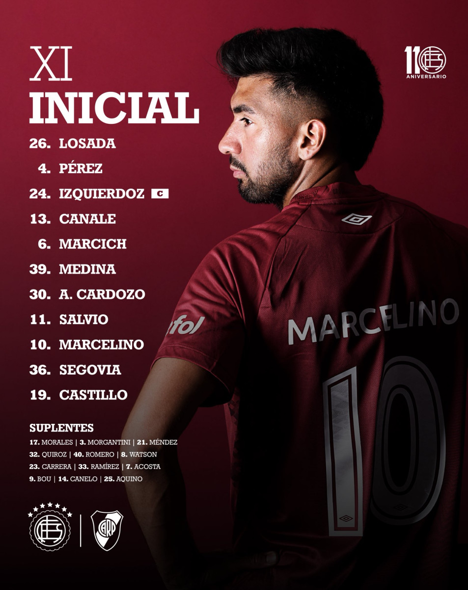 Formación titular de Lanús ante River Plate.