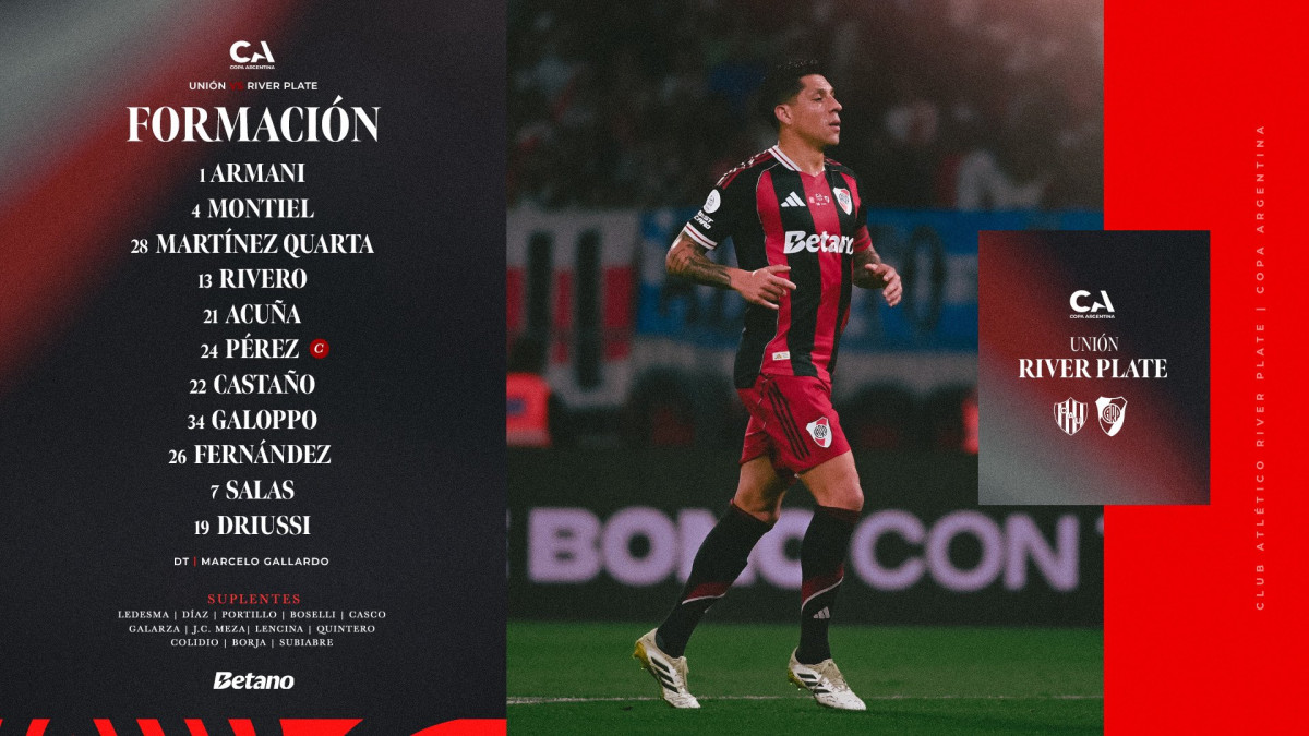 Formación titular de River Plate ante Unión.