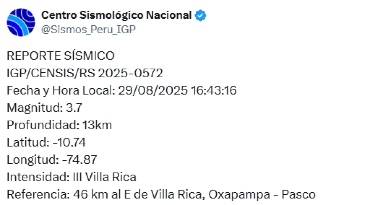 Reporte de último sismo en Perú. Foto: Centro Sismológico Nacional.